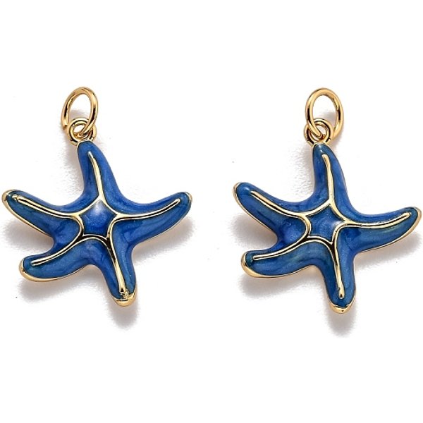 Brass Enamel Pendants, With Jump Ring, Long-Lasting Plated, Real 18K Gold Plated, Starfish, Medium Blue, 19.3X17.6X3.5Mm, Hole: 3.8Mm-image