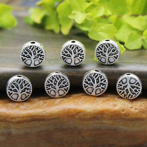 Perles En Alliage De Style TibéTain, Plat Rond, Arbre De La Vie, Argent Antique, 8.5Mm-image
