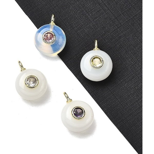Synthetic Opalite Flat Round Pendants, Rock Crystal Charms With Brass Micro Pave Cubic Zirconia Findings, Golden, 17X12X7.5Mm, Hole: 2X1Mm-image
