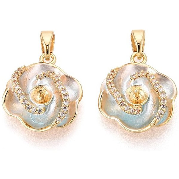 BéLièRes En Laiton Peint Par PulvéRisation Avec Micro Pavé De Zircones Cubiques, Pour La Moitié De Perles PercéEs, Fleur, VéRitable 18K Plaqué Or, Alice Bleu, 17X14.5X5.5Mm, Trou: 4.5Mm, Pin: 0.8 Mm-image