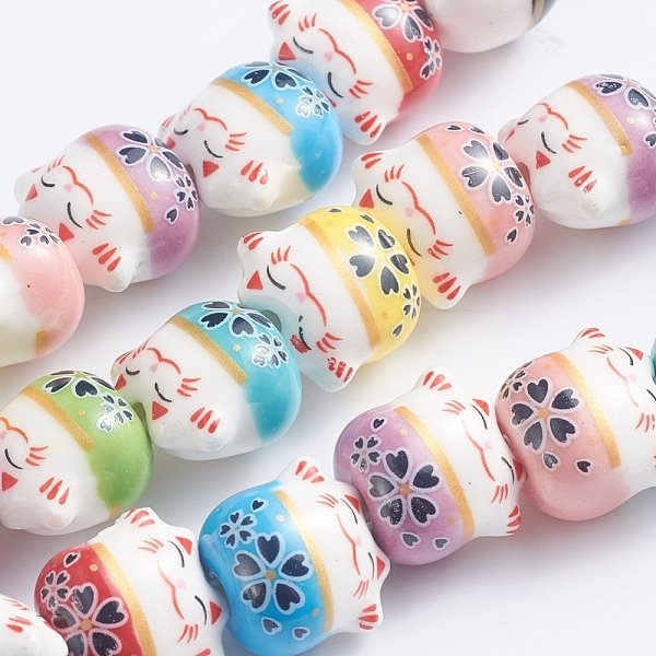 Perline Porcellana Stampato Fatto A Mano, Lucky Cat, Colore Misto, 14X14X11.5Mm, Foro: 2 Mm, Circa 25Pcs/Filo, 12.20'' (31 Cm)-image