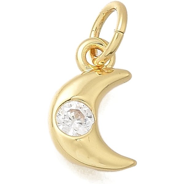 Breloques En Laiton Avec Zircone Cubique De Micro Pave, Sans Cadmium Et Sans Plomb, VéRitable 18K Plaqué Or, CréMaillèRe Plaquage, Plaqué Longue DuréE, Avec Anneau De Jonction, Lune, 10.5X6.5X2Mm, Trou: 3.2Mm-image
