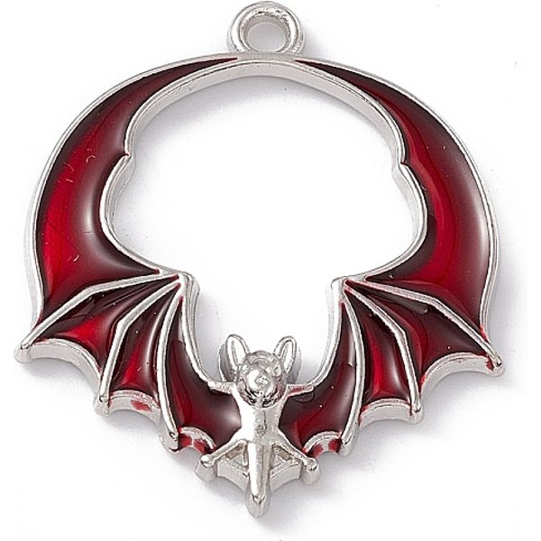 Alloy Enamel Pendants, Bat Charm, Platinum, Dark Red, 28X24X3Mm, Hole: 1.8Mm-image