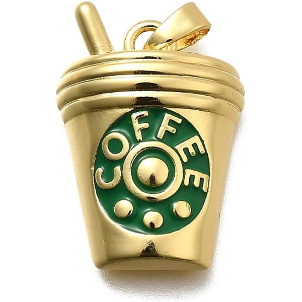 Brass Enamel Pendants, Long-Lasting Plated, Lead Free & Cadmium Free, Rack Plating, Coffee Charm, Real 18K Gold Plated, 22X15.5X6Mm, Hole: 5X2.5Mm-image