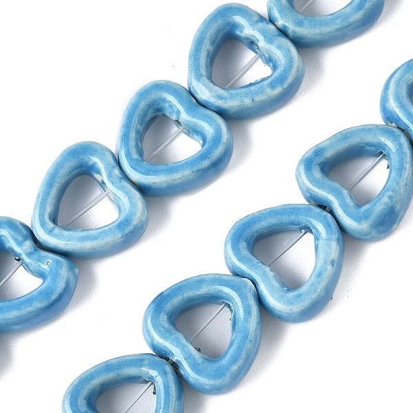 Chapelets De Perles En Porcelaine Manuelle, CœUr, Porcelaine éMailléE Lumineux, Bleu Ciel, 13X14.5X5Mm, Trou: 1.4Mm, Environ 25 Pcs/Chapelet, 12.60'' (32 Cm)-image