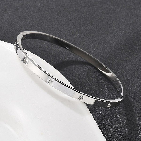 304 Stainless Steel Rhinestone Bangles For Women, Stainless Steel Color, Inner Diameter: 2X2-3/8 Inch(5.1X60Cm)-image