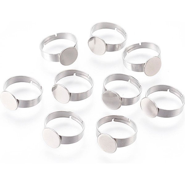 Tarnish Resistant Adjustable 304 Stainless Steel Finger Rings Components, Pad Ring Base Findings, Flat Round, Stainless Steel Color, Tray: 10Mm, 17Mm-image