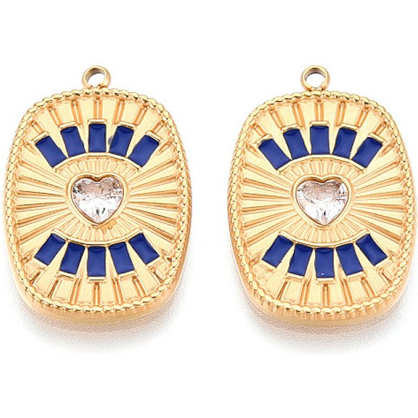 Pendentifs en acier inoxydable 304 pavés de strass et d'émail, rectangle avec le coeur, placage ionique (ip), véritable 18k plaqué or, bleu foncé, 22.5x15x2.5-3mm, Trou: 1.5mm