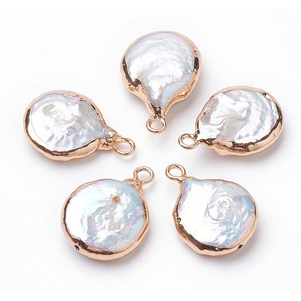 Electroplate Natural Baroque Pearl Keshi Pearl Pendants, Cultured Freshwater Pearl, with Iron Findings, Flat Round, Golden, 16-22x13-16x4-8mm, Hole: 1.8mm