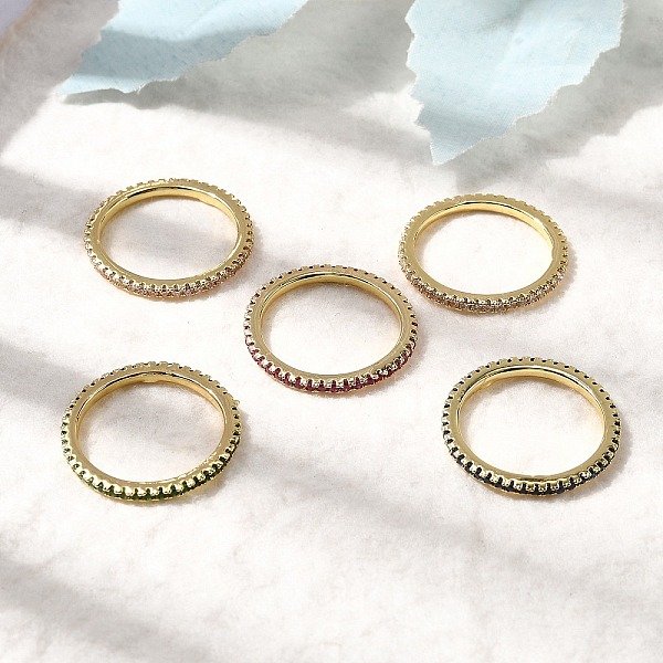 Brass Micro Pave Cubic Zirconia Finger Rings, Rack Plating, Long-Lasting Plated, Cadmium Free & Lead Free, Real 18K Gold Plated, 1.5Mm, Us Size 7 1/4(17.5Mm)-image