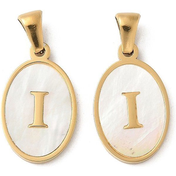 Natural Shell Oval with Initial Pendants, with 304 Stainless Steel Settings, Ion Plating(IP), Real 18K Gold Plated, White, Letter I, 21x13x2mm, Hole: 3.5x5mm