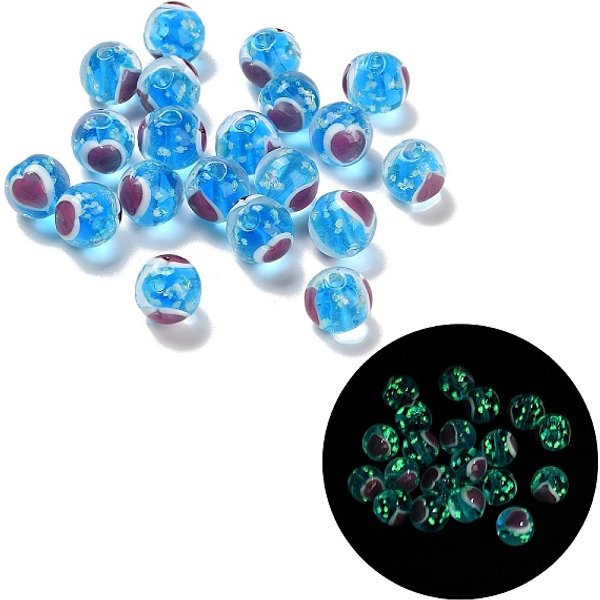 Handmade Lampwork Beads, Luminous Beads, Round With Heart, Glow In The Dark, Blue, 10Mm, Hole: 1.8Mm-image