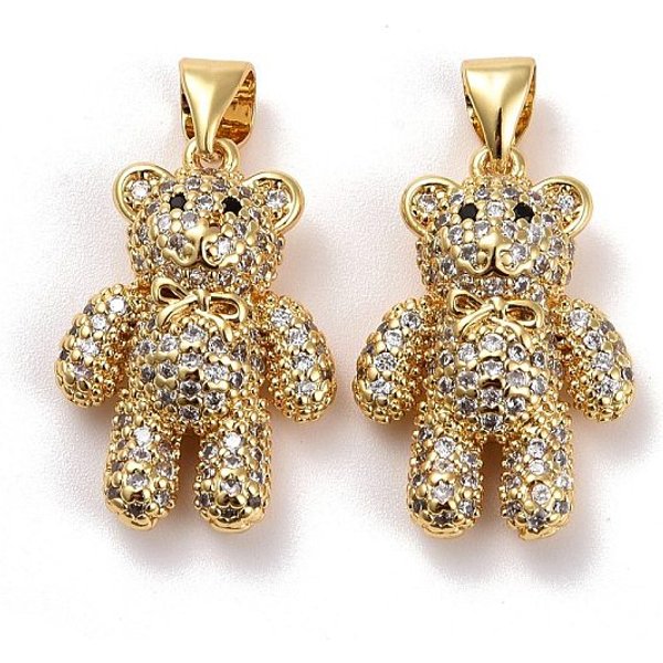 Pendenti In Zirconi Cubici Trasparenti In Micro Pavè Di Ottone, Vero Placcato Oro 18K, Piombo & Cadimo Libero, Orso, Chiaro, 20X14X6Mm, Foro: 4X3.5 Mm-image
