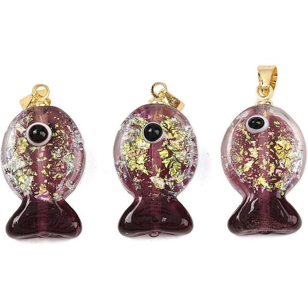 Handmade Dichroic Foil Lampwork Pendants, with Brass Findings, Fish Charm, Purple, 22.5-23.5x12.5-13x8.5-9.5mm, Hole: 4.5x4mm