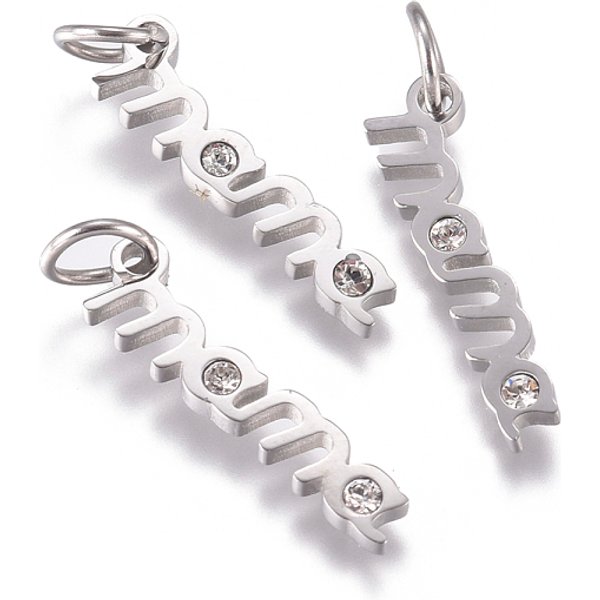 316 Surgical Stainless Steel Pendants, with Micro Pave Cubic Zirconia and Jump Ring, Long-Lasting Plated, Word Mama, for Mother's Day, Clear, Real Platinum Plated, 17x4.5x1.5mm, Hole: 3.5mm