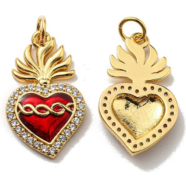 Pendenti con zirconi cubici di grado aaa in ottone con placcatura a cremagliera, con smalto, piombo & cadimo libero, placcato di lunga durata, cuore, vero placcato oro 18k, 23x13.5x3mm, Foro: 3.6 mm