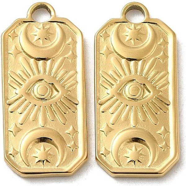Placcatura Ionica (Ip) Ciondoli In Acciaio Inossidabile Chirurgico 316L, Nichel Libero, Rettangolo Con Ciondolo A Forma Di Luna E Occhio, Vero Placcato Oro 18K, 22.5X10X2Mm, Foro: 2.2 Mm-image
