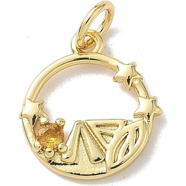 Brass Micro Pave Cubic Zirconia Charms, Flat Round with Star Charms, with Jump Ring, Rack Plating, Long-Lasting Plated, Lead Free & Cadmium Free, Real 18K Gold Plated, 14.5x13x2.5mm