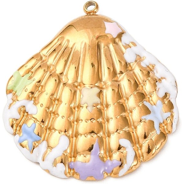 304 Stainless Steel Pendants, With Enamel, Ocean Themes, Real 18K Gold Plated, Ion Plating(Ip), Cadmium Free & Nickel Free & Lead Free, Shell Shape, 35X31X5Mm, Hole: 1.6Mm-image