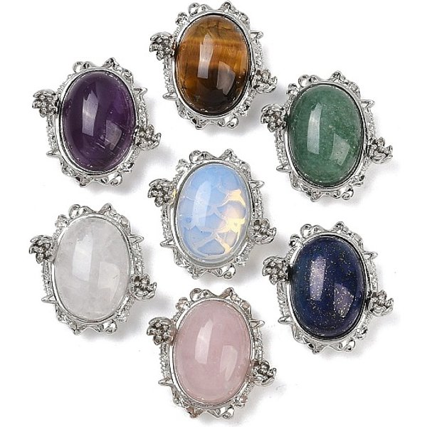 Natural & Synthetic Gemstone Oval with Flower Multi-Strand Links, Brass Links, Platinum, Rack Plating, 23.5x23.5x11mm, Hole: 2mm