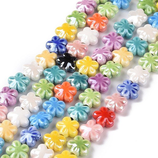 Handmade Porcelain Beads Strands, Pearlized, Flower, Mixed Color, 11.5X11.5X5.5Mm, Hole: 1.6Mm, About 30Pcs/Strand, 12.40''(31.5Cm)-image
