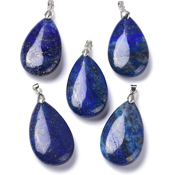Pendentifs en lapis lazuli naturel, avec accessoires en laiton, larme, 35x20x7.5-9mm, Trou: 4x3.5mm