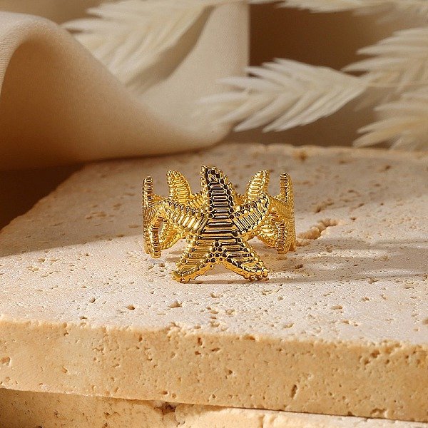 304 Stainless Steel Open Cuff Rings For Women, Real 18K Gold Plated, Starfish, 15Mm-image