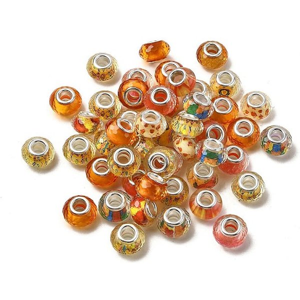 Perles EuropéEnnes En RéSine Transparente ImpriméE, Perles Avec Un Grand Trou , Rondelle Avec Noyaux En Laiton Plaqué Argent Et Poudre Scintillante, Orange, 14X8.5Mm, Trou: 5Mm-image