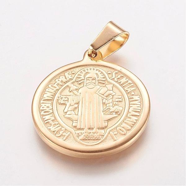 Pendentifs en acier inoxydable 304 avec placage ionique (IP), plat rond avec la médaille de saint bénédict, or, 29x25x2.5mm, Trou: 4.5x7.5mm