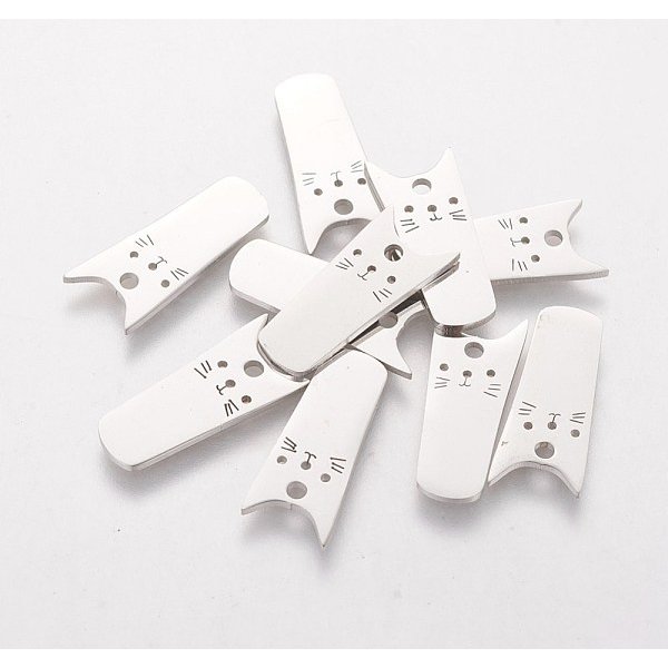 Non-Tarnish 201 Stainless Steel Kitten Pendants, Rectangle With Cat Shape, Stainless Steel Color, 20X8X1.1Mm, Hole: 1Mm-image