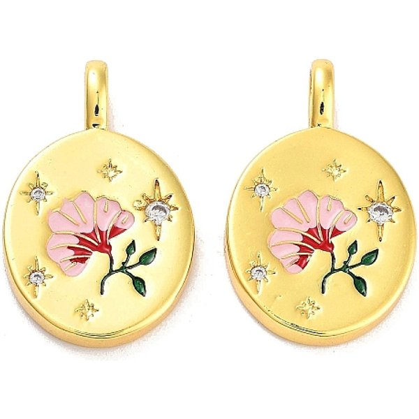 Rack Plating Brass Micro Pave Clear Cubic Zirconia Pendants, With Enamel, Long-Lasting Plated, Lead Free & Cadmium Free, Round With Folwer, Real 18K Gold Plated, 21X13X2.5Mm, Hole: 4X2Mm-image