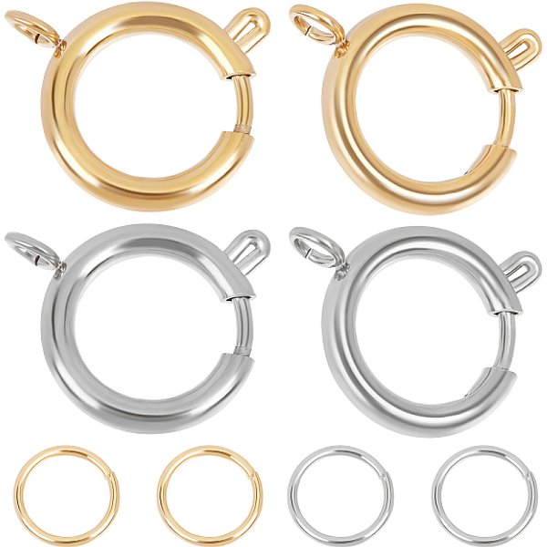 10 pz 2 colori 304 fermagli ad anello a molla in acciaio inossidabile, rotondo e piatto, con 20 pz 2 colori 304 anelli di congiunzione aperti in acciaio inossidabile, colore misto, fermagli: 12-24x12-21x1.2-3 mm, Foro: 3 mm