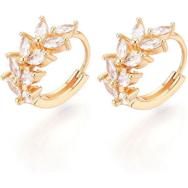 Brass Micro Pave Cubic Zirconia Leaf Hoop Earrings, Real 18K Gold Plated, Clear, 15X15.5X7.5Mm-image