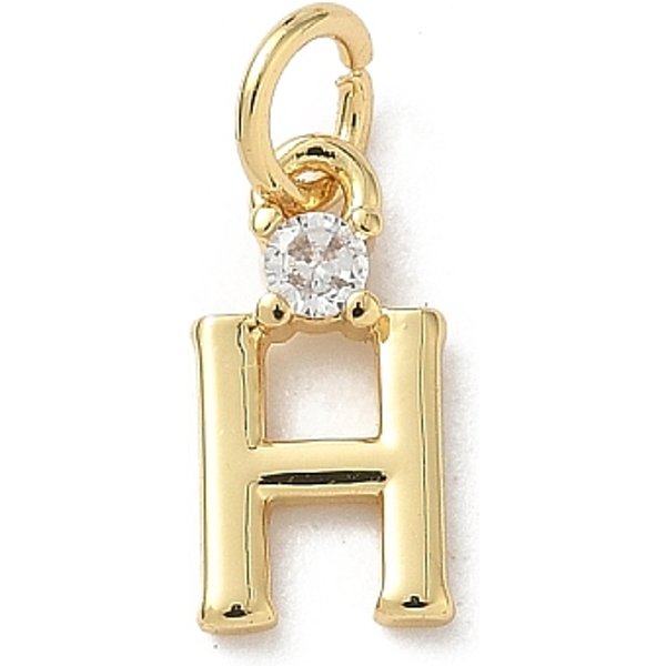Brass Pave Clear Cubic Zirconia Charms, Letter Charms, with Jump Ring, Rack Plating, Long-Lasting Plated, Lead Free & Cadmium Free, Real 18K Gold Plated, Letter H, 12-12.5x3-10x2.3mm, Hole: 3.3mm