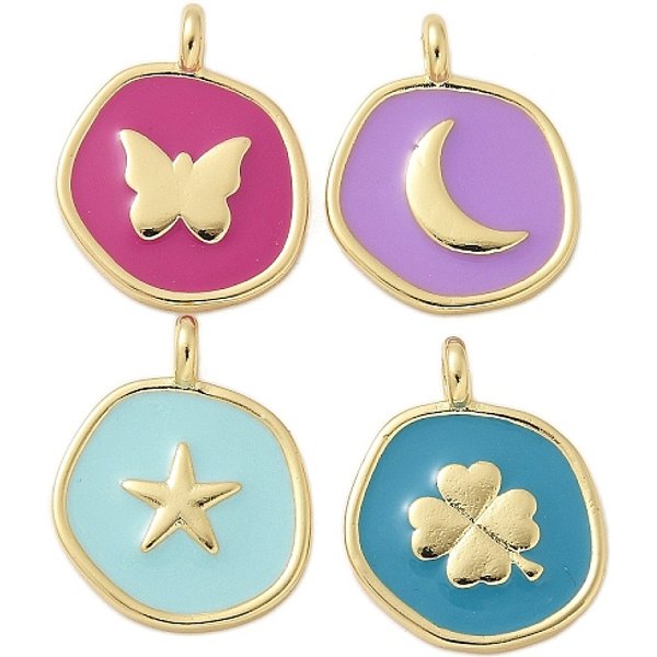Colgantes de esmalte de latón, chapado en rack, sin plomo y cadmio, Plateado de larga duración, real 18k chapado en oro, Charm redondo plano con forma de luna, trébol, estrella y mariposa, color mezclado, 19x15x2mm, agujero: 2 mm