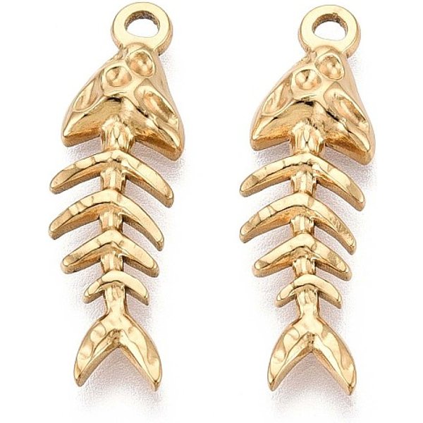304 Stainless Steel Pendants, Fish Bone Charm, Ion Plating(Ip), Real 18K Gold Plated, 28.5X8.5X3Mm, Hole: 1.8Mm-image