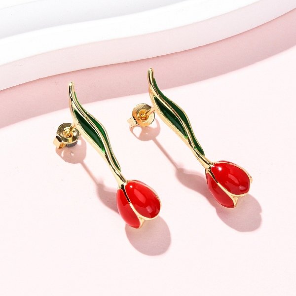 Brass Enamel Stud Earrings, Tulip, Golden, Red, 29x8mm