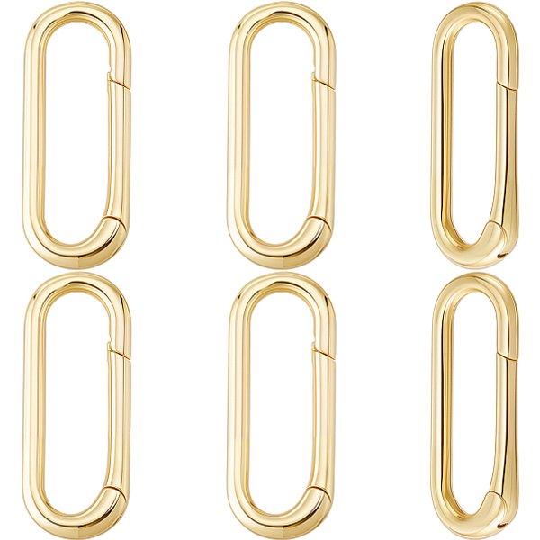 6 StüCk Messing-Federtorringe, Langlebig Plattiert, Cadmiumfrei Und Bleifrei, Gestell, Oval, Echtes 18K Vergoldet, 25X10X3 Mm, Bohrung: 21 Mm-image