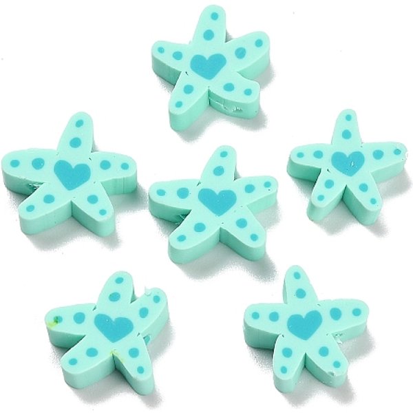 Handmade Polymer Clay Beads, Starfish, Green, 10.5-12X11.5-14X4-4.5Mm, Hole: 1.6Mm-image