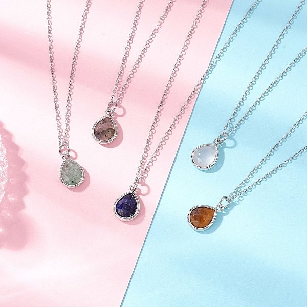 Collier Avec Pendentif En Pierre Naturelle Mixte à Facettes En Forme De Larme, ChaîNe En Acier Inoxydable 304, Pour Femmes, Couleur Inoxydable, 15.75 Pouce (40 Cm)-image