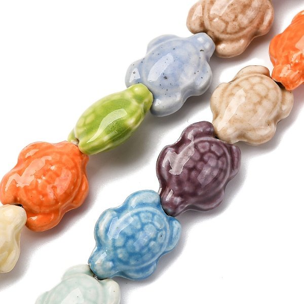 Handmade Porcelain Beads Strands, Tortoise, Bright Glazed Porcelain, Mixed Color, 17X14X8Mm, Hole: 1.8Mm, About 22Pcs/Strand, 14.3 Inch(36-37Cm)-image
