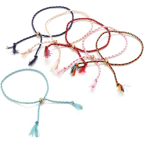 Fabbricazione Di Braccialetti Cursore Cordini Di Cotone Intrecciati Regolabili, Con Perline In Ottone Placcato Oro, Colorato, Diametro Interno: 2-5/8 Pollice (6.6 Cm)-image