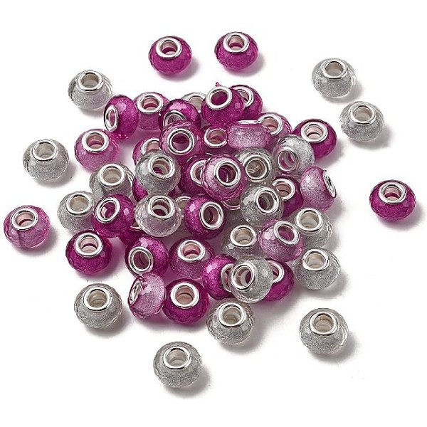 Perline In Resina Sfaccettato, Perline Con Foro Grande, Rondelle Con Anima In Ottone Placcato Argento E Polvere Glitterata, Rosso Viola Medio, 14X8.5Mm, Foro: 5 Mm-image