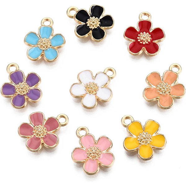 Eco-Friendly Zinc Alloy Pendants, With Enamel, Cadmium Free & Nickel Free & Lead Free, 5- Petal Flower, Light Gold, Mixed Color, 16X13X3Mm, Hole: 1.8Mm-image