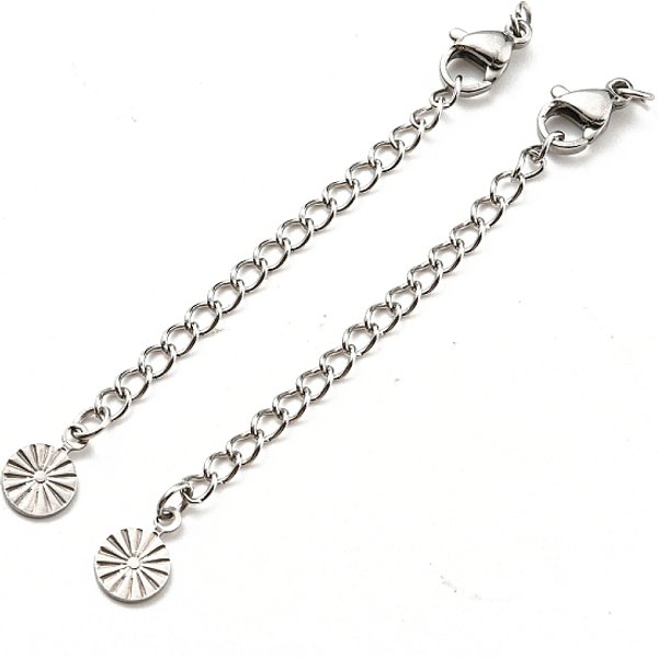 Tarnish Resistant 304 Stainless Steel Curb Chain Extender, End Chains With Lobster Claw Clasps And Sun Chain Tabs, Stainless Steel Color, 69Mm-image