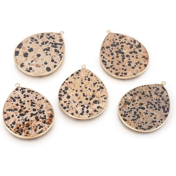 Dalmate Jaspe Naturels Pendentifs, Avec Les Accessoires En Laiton, Larme, Or, 42-42.5X32-32.5X2-3Mm, Trou: 2Mm-image