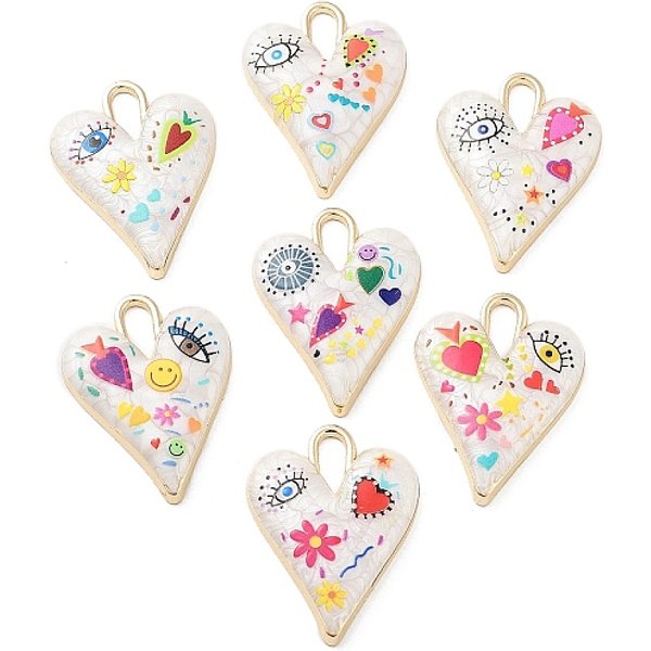 Acumular colgantes de esmalte de la aleación de chapado, con resina, dije corazón con mal de ojo, Sin cadmio y níque y plomo, dorado, color mezclado, 34.5x25.5x4.5mm, agujero: 9x4 mm