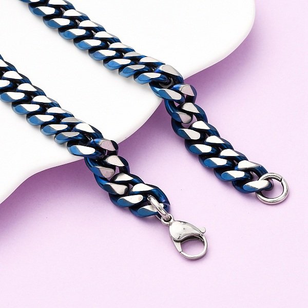 12MM 304 Stainless Steel Cuban Link Chain Necklaces, Blue & Stainless Steel Color, 24.06 Inch(61.1Cm)-image