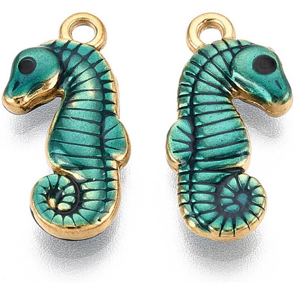 Ion Plating(Ip) 304 Stainless Steel Enamel Pendants, Sea Horse, Lead Free & Cadmium Free, Real 18K Gold Plated, Dark Cyan, 21X9.5X4Mm, Hole: 1.6Mm-image