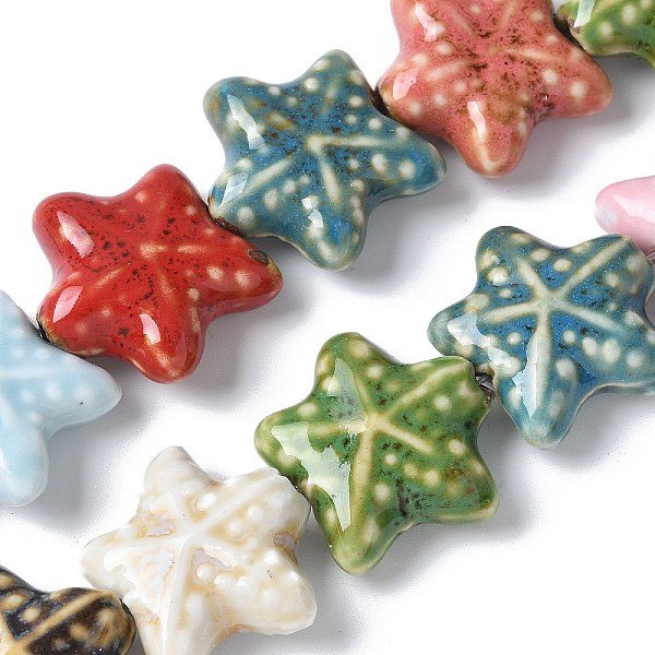 Cuentas De Porcelana Hechas A Mano De La Serie Ocean, Cuentas De CeráMica De Estrella De Mar, Color Mezclado, 19-20X20.5-21X8.5-9Mm, Agujero: 2 Mm, Aproximamente 20 Pcs / Cadena, 14.37'' (36.5 Cm)-image